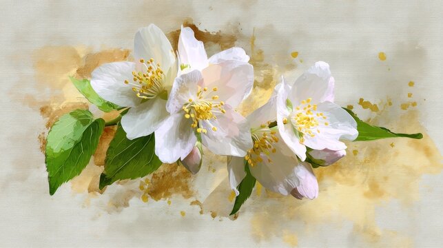 Three white flowers with green leaves, blooming on a textured beige background with splashes of yellow and brown, creating a vibrant and natural setting