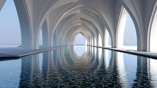 A futuristic, white, open-air pavilion with a reflective pool, surrounded by a calm, blue ocean, with a clear sky above.