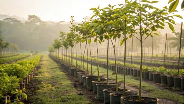Rows of young rubber tree saplings growing in pots at an eco friendly farm nursery bathed in soft daylight