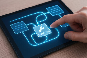 Flowchart agent automation ai workflow correction interface touch tablet futuristic minimal design emotional clarity
