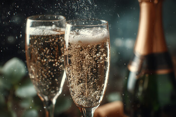 Sparkling champagne glasses flutes close up with bottles in dark background