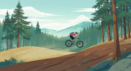 Cyclist performs a maneuver on a mountain bike on a dirt trail surrounded by lush evergreen forests with mountain ranges in the background under a bright blue sky.