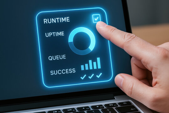 Futuristic dashboard ai agent workflow automation monitor showing runtime uptime queue success metrics with finger interacting on touchscreen