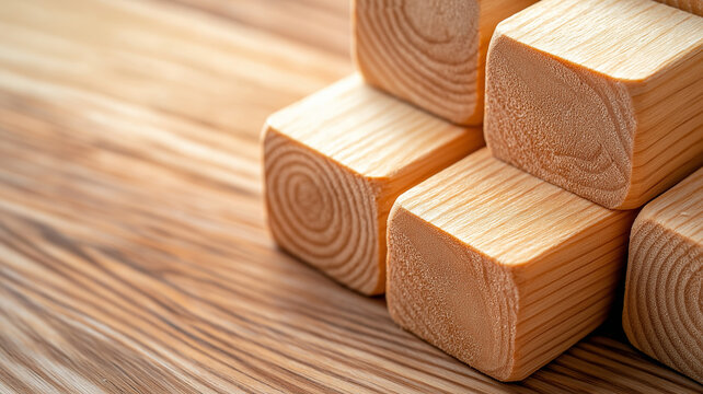 Smooth natural wood blocks stacked on wooden surface showing grain texture and warm light, evoking craftsmanship and material simplicity