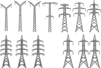 Set of diverse transmission tower designs for high-voltage electricity infrastructure, showcasing engineering variations in power distribution systems