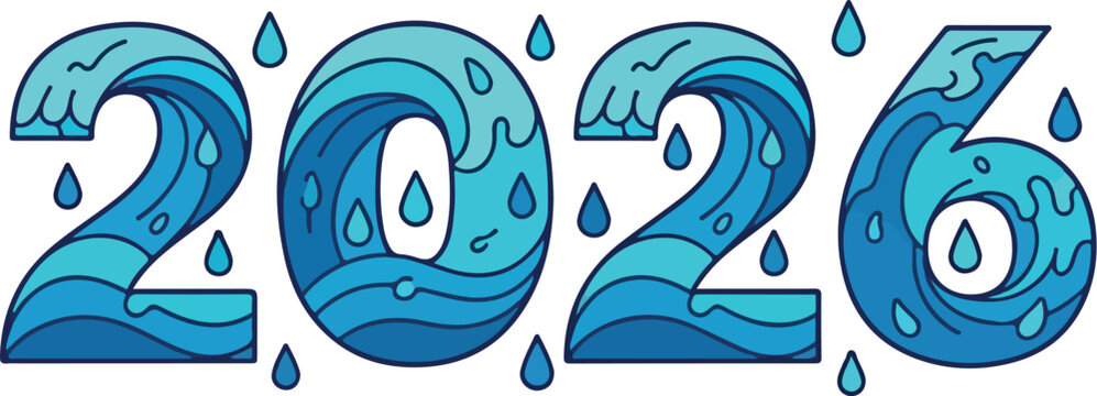 Blue Water Waves and Raindrops Forming the Year 2026 Typography Vector, Symbolizing Climate Change, Environment, Ecology, Water Conservation, and Ocean Concept