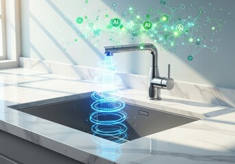 Modern kitchen sink with digital water analysis and futuristic technology display