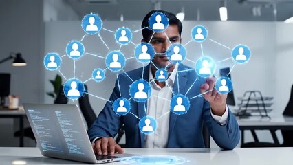 An innovative businessman in a suit interacts with a futuristic holographic interface showing a global social network - Powered by Adobe