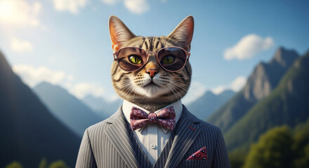 Sophisticated cat in suit and sunglasses against mountain backdrop, embodying style and adventure
