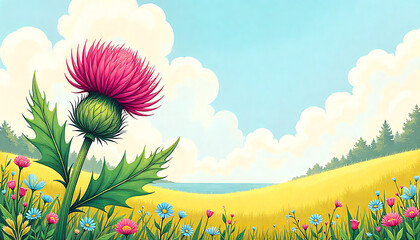 Illustration of a pink thistle flower in a field with a blue sky and white clouds 4k and hd image