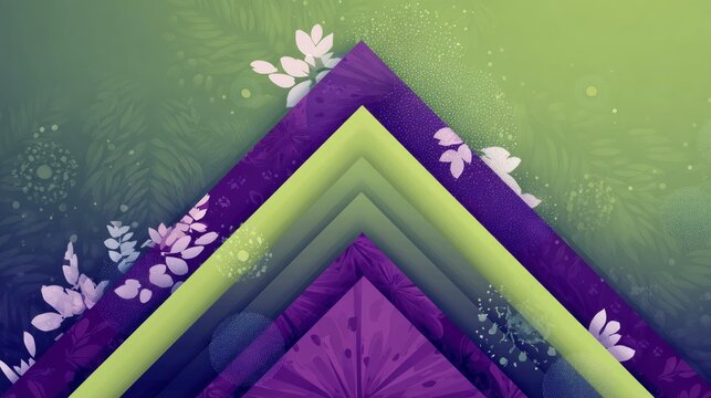 Purple and green abstract geometric shapes with floral patterns and white flowers on a green background - Powered by Adobe