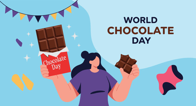 A cheerful person celebrates World Chocolate Day, holding a large chocolate bar and a delicious broken piece, surrounded by festive decorations.