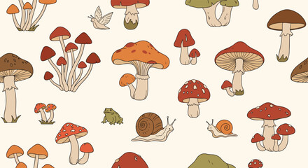 Naklejka premium Whimsical nature-inspired seamless pattern featuring diverse mushrooms, snails, frogs, and a moth on a cream background with an autumnal palette.
