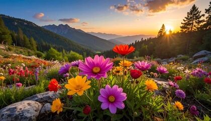 Fototapeta premium Vibrant wildflowers bloom in a mountain meadow at sunset