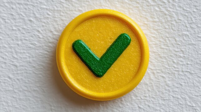 A yellow coin with a green checkmark on a white background.
