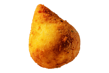 Fried Brazilian coxinha cone snack filled shredded chicken cheese with golden crispy texture isolated on white transparent background, concept of traditional street food