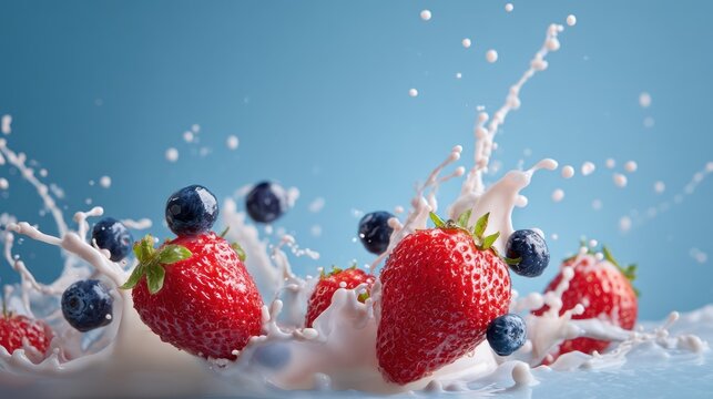 Strawberries and blueberries splashing into a milkshake on a blue background.