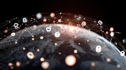 A globe with a network of icons representing various social media platforms, connected by lines, against a black background with a glowing light source.