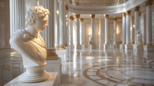 A grand, marble hall with columns and a statue of a classical man, illuminated by natural light and artificial lighting, with a white marble floor and a white ceiling with gold accents.