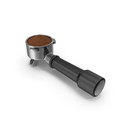 Black handle portafilter with espresso grounds side angle view