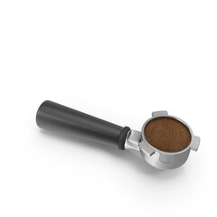 Black handle portafilter with espresso grounds side angle view
