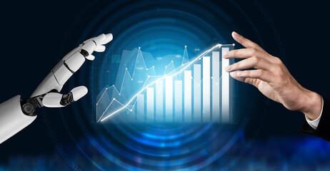 A robotic hand reaches towards a data visualization chart, symbolizing the intersection of...