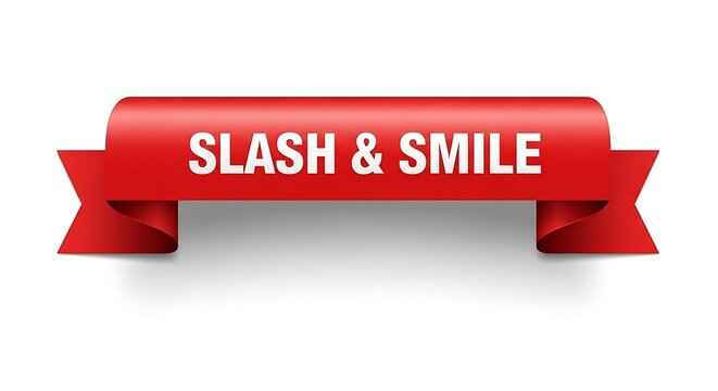 Capture attention with this vibrant red banner featuring 'Slash & Smile' for impactful promotions, bold announcements, or creative branding, offering instant visual appeal