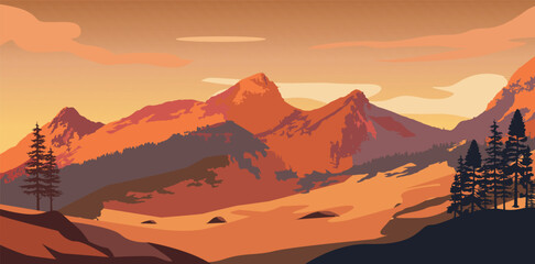 Modern Sunset Mountain Landscape Vector Set &ndash; Flat Nature Illustrations for Travel, Adventure, and Outdoor Tourism Posters and Hill Backgrounds, minimalist nature background, flat design scenery