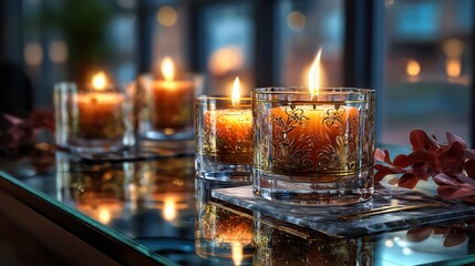 A serene scene featuring beautifully lit candles on a reflective surface, creating a soothing and warm ambiance.
