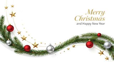 merry christmas and happy new year greeting background with pine garland and ornaments