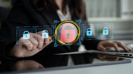 Digital security concept illustrating a cybersecurity breach, with a red unlocked padlock...