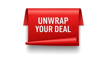 Unwrap your deal and discover amazing savings with this eye-catching red scroll banner, perfect for promotions, announcements, and limited-time offers that will boost your sales today