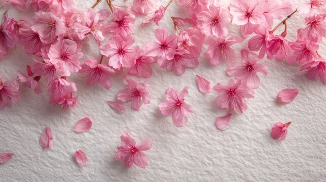 A delicate pink cherry blossom branch with numerous small, delicate pink flowers and a few fallen petals on a white textured surface.