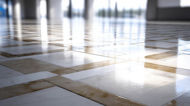 Realistic Commercially Oriented Macro Depiction of a Glossy Floor Surface in a Light-Filled Space