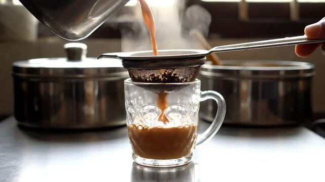 Pouring masala chai through strainer into a glass cup hot beverage