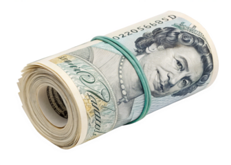 
Pound roll tightened with band. Rolled money isolated on white