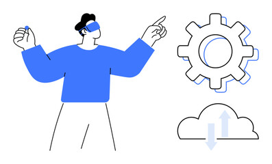 Person wearing VR headset pointing, blue gear symbol for automation, cloud with arrows for digital connectivity. Ideal for technology, innovation, digital strategies, cloud computing, virtual