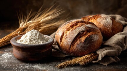 Rustic still life of whole grain bread beside a flour bowl and golden wheat stalks, symbolizing traditional baking and the wholesome joy of natural ingredients