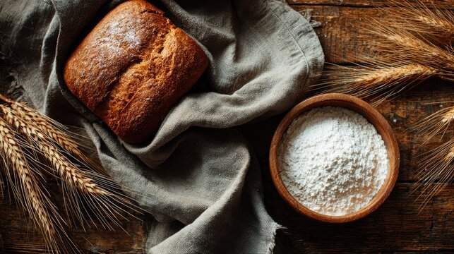 Homemade whole grain bread beside a white bowl of flour, with wheat stalks framing the scene, expressing warmth, simplicity, and countryside charm.