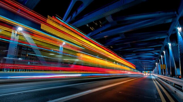 long exposure photography of bus lights passing under the bridge, high-speed shutter, wide-angle lens, night scene, blurred motion, colorful light trails, in the style of,
