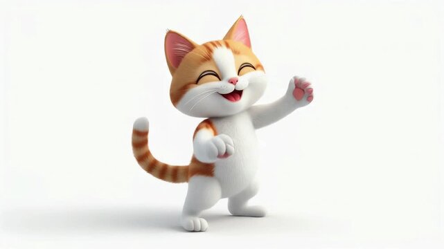 A cute 3D cartoon cat ginger and white kitten is dancing happily with a big smile on a clean white background.