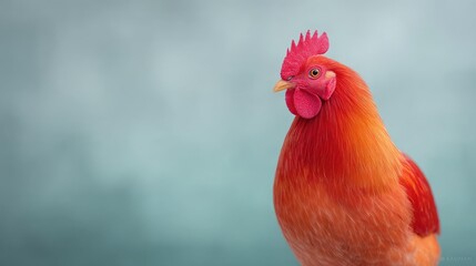 Close up Macro Portrait of a Fiery Red Rooster Covered in Frost with a Soft Blue Hazy Winter Background