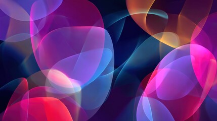 A vibrant, abstract digital artwork featuring a blend of colorful, translucent shapes and patterns against a dark, almost black background.