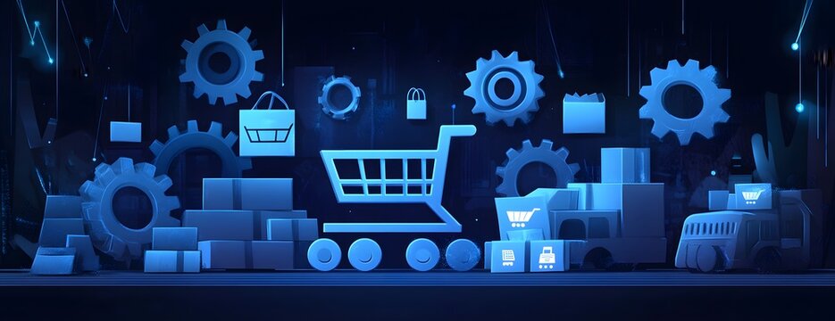 Digital shopping cart surrounded by gears and packages in blue light.