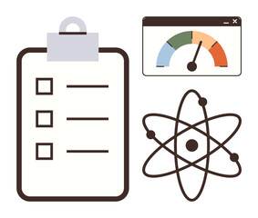 Clipboard checklist, gauge representing performance, and atomic structure concept. Ideal for productivity, analysis, science, evaluation, education, innovation efficiency themes in a simple flat