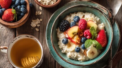 A bowl of oatmeal with fresh berries, topped with sliced bananas and mint leaves, served with a cup of tea on a rustic wooden table.