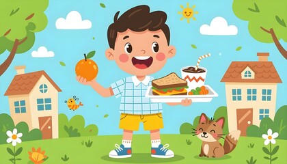 Naklejka premium A cheerful illustration of a boy holding a plate of food, accompanied by a friendly fox, set in a bright and colorful outdoor environment, promoting joy and childhood innocence.