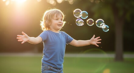 Boy playing with bubbles in park sunlight