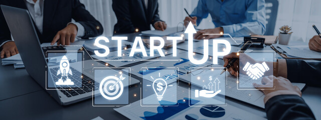 Concept of a new startup business venture. The process includes innovation, setting targets,...