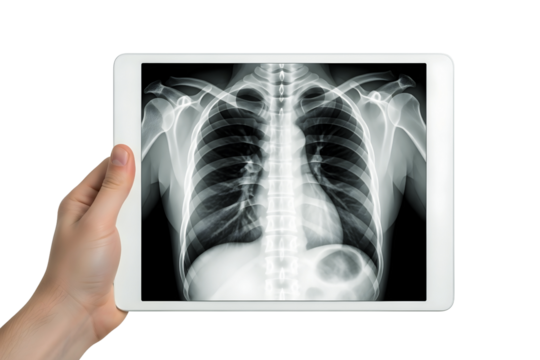 Hand holding tablet with chest xray isolated on transparent background